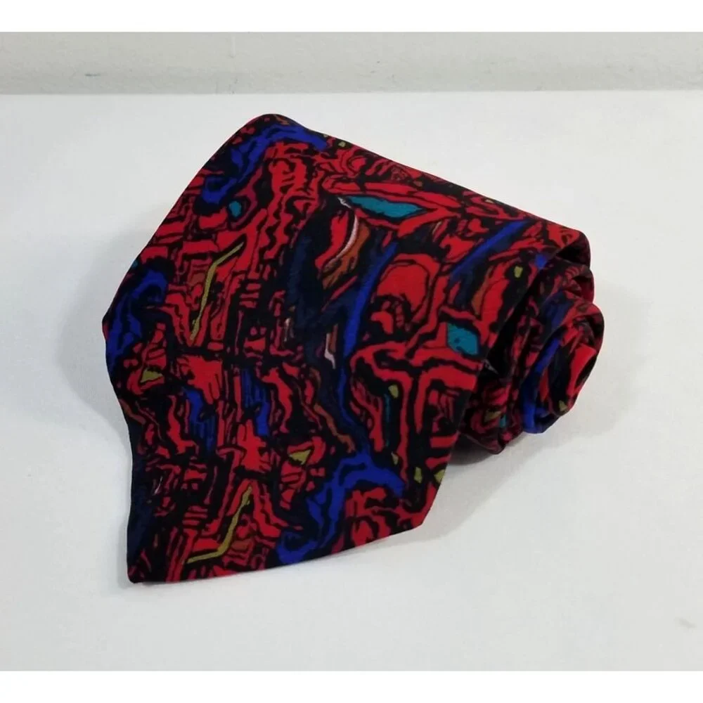 J. Garcia Mens Necktie Abstract Red Blue Silk Tie Hand Sewn In USA